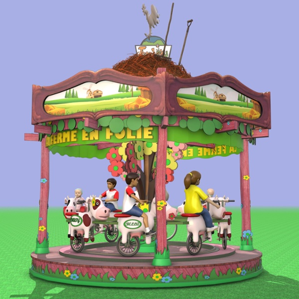 Carrousel à propulsion mécanique sur le thème de la ferme